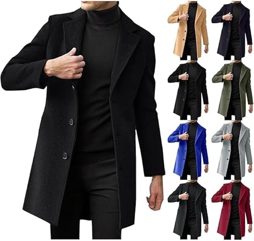 Fowjknww Mantel Herren Lang Wintermantel Casual Trenchcoat Einfarbig Wollmantel mit Knöpfen Langarm Winterjacke Große Größen Jacke Woll Windbreaker Revers Übergangsjacke von Fowjknww