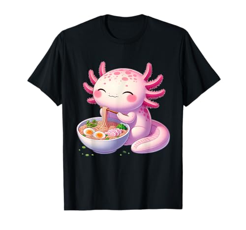 Fox Brother Anime Kawaii Axolotl Essen Ramen Nudeln Kinder Teen Mädchen Junge Unisex Kinder Schwarz Kurzarm Kragenlos Cartoon Kawaii Anime T-Shirt von Fox Brother