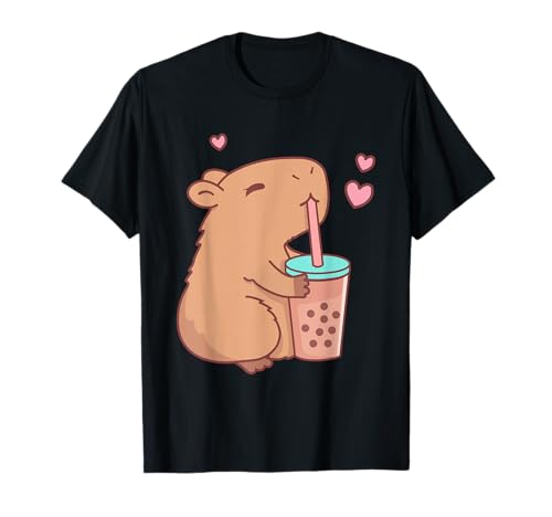Fox Brother Capybara Bubble Tea Tierliebhaber Nager Capyboba Unisex Kinder & Erwachsene Schwarz Klein Graphic Cartoon Pullover T-Shirt von Fox Brother
