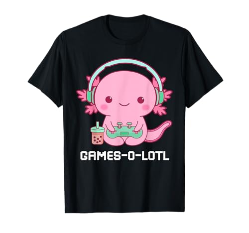 Fox Brother Damen T-Shirt Kawaii Fisch Spielen Videospiel Mädchen Axolotl T-Shirt Schwarz Kurzarm EU S von Fox Brother