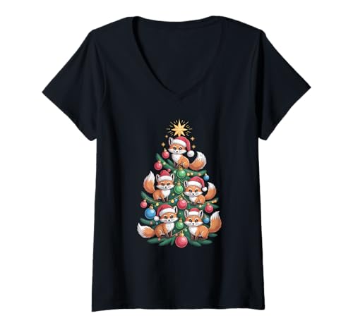 Damen Fuchs Weihnachtsbaum T-Shirt mit V-Ausschnitt Damen Fuchs Weihnachtsbaum T-Shirt mit V-Ausschnitt von Fox Christmas Tree Clo.