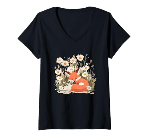 Damen Gänseblümchenwiese mit niedlicher Sleepy Fox Grafik T-Shirt mit V-Ausschnitt Damen Gänseblümchenwiese mit niedlicher Sleepy Fox Grafik T-Shirt mit V-Ausschnitt von Fox Daisy Outfit