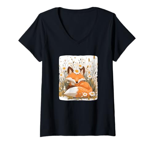 Damen Lustige Fuchs- und Gänseblümchen-Grafik T-Shirt mit V-Ausschnitt Damen Lustige Fuchs- und Gänseblümchen-Grafik T-Shirt mit V-Ausschnitt von Fox Daisy Outfit