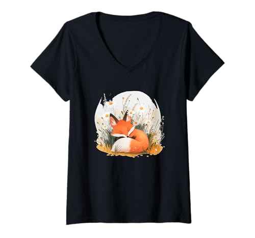 Damen Sommerwiese mit Fuchs und Gänseblümchen T-Shirt mit V-Ausschnitt Damen Sommerwiese mit Fuchs und Gänseblümchen T-Shirt mit V-Ausschnitt von Fox Daisy Outfit