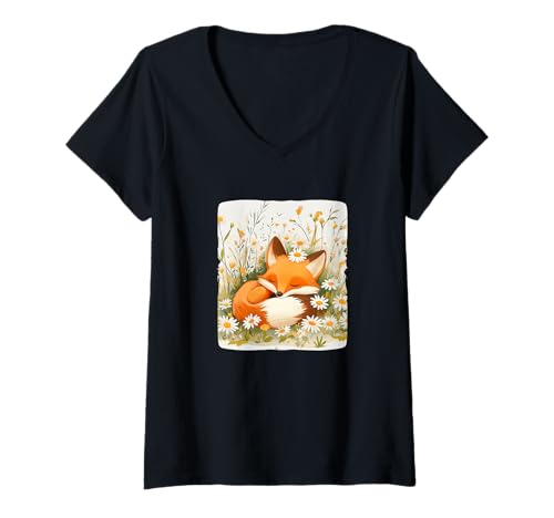 Damen Süßer Fuchs mit Gänseblümchen für Wiesen- und Blumenliebhaber T-Shirt mit V-Ausschnitt Damen Süßer Fuchs mit Gänseblümchen für Wiesen- und Blumenliebhaber T-Shirt mit V-Ausschnitt von Fox Daisy Outfit