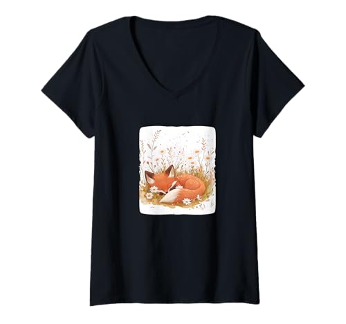 Damen Toller Fuchs mit Gänseblümchengrafik T-Shirt mit V-Ausschnitt Damen Toller Fuchs mit Gänseblümchengrafik T-Shirt mit V-Ausschnitt von Fox Daisy Outfit