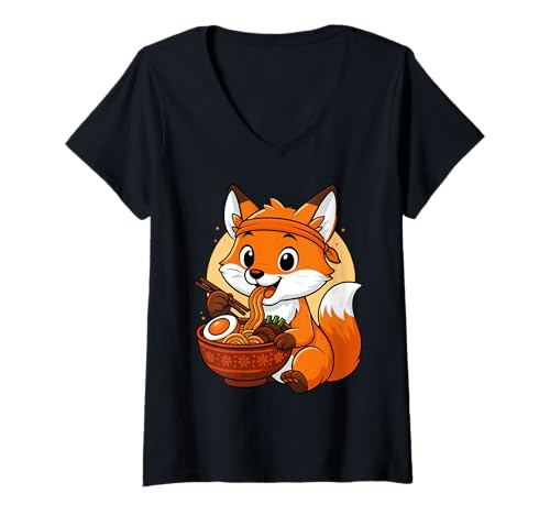 Damen Kawaii Fox Eating Ramen Grafik Japanischer Fuchs Grafik T-Shirt mit V-Ausschnitt Damen Kawaii Fox Eating Ramen Grafik Japanischer Fuchs Grafik T-Shirt mit V-Ausschnitt von Fox Eating Ramen Funny Japanese Kawaii Design