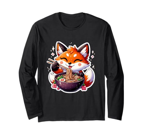 Cute Japanese Anime Kawaii Fox Eating Ramen Kids Girls Langarmshirt Cute Japanese Anime Kawaii Fox Eating Ramen Kids Girls Langarmshirt von Fox Eating Ramen Noodles Animal Lover Outfit