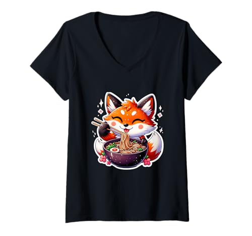 Damen Cute Japanese Anime Kawaii Fox Eating Ramen Kids Girls T-Shirt mit V-Ausschnitt Damen Cute Japanese Anime Kawaii Fox Eating Ramen Kids Girls T-Shirt mit V-Ausschnitt von Fox Eating Ramen Noodles Animal Lover Outfit