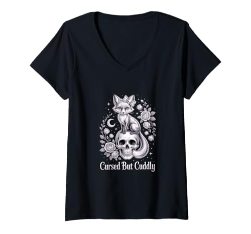Damen Fuchs Gothic Schädel Pastell Schleife & Rosen T-Shirt mit V-Ausschnitt Damen Fuchs Gothic Schädel Pastell Schleife & Rosen T-Shirt mit V-Ausschnitt von Fox Floral horror dark witchy aesthetic.
