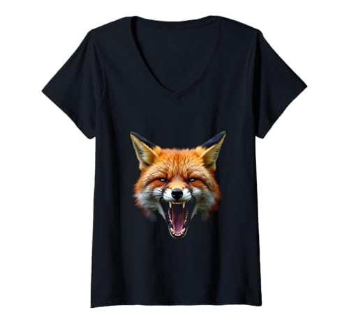Damen Wütender Fuchskopf, brüllend, wildes Tier, Waldkunst T-Shirt mit V-Ausschnitt Damen Wütender Fuchskopf, brüllend, wildes Tier, Waldkunst T-Shirt mit V-Ausschnitt von Fox Fun Designs