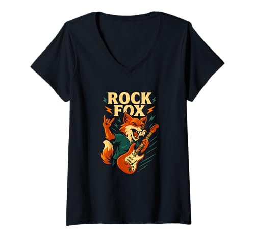 Damen Lustige Fuchs-Gitarre Rockmusik Retro Konzert T-Shirt mit V-Ausschnitt von Fox Guitar Rock Music Retro Concert Apparel