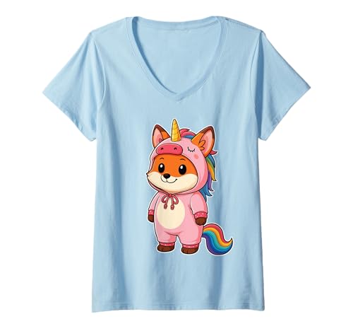 Damen Kawaii Fuchs im Einhorn Kostüm für Mädchen Kinder Einhorn Liebhaber T-Shirt mit V-Ausschnitt Damen Kawaii Fuchs im Einhorn Kostüm für Mädchen Kinder Einhorn Liebhaber T-Shirt mit V-Ausschnitt von Fox In Unicorn Costume Kawaii Design