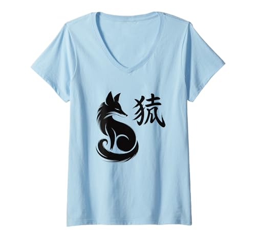 Damen Kitsune Japanischer Fuchs Sumi-e Ink Wash Kanji Minimalistisch Japan T-Shirt mit V-Ausschnitt Damen Kitsune Japanischer Fuchs Sumi-e Ink Wash Kanji Minimalistisch Japan T-Shirt mit V-Ausschnitt von Fox Japanese Kanji Sumi Ink Tattoo Art Gifts