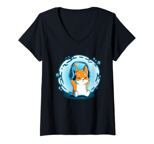 Damen DJ Fox Kopfhörer Musik Grafik für Männer Jungen Frauen Mädchen T-Shirt mit V-Ausschnitt Damen DJ Fox Kopfhörer Musik Grafik für Männer Jungen Frauen Mädchen T-Shirt mit V-Ausschnitt von Fox Listening Music Graphic Tees Co.