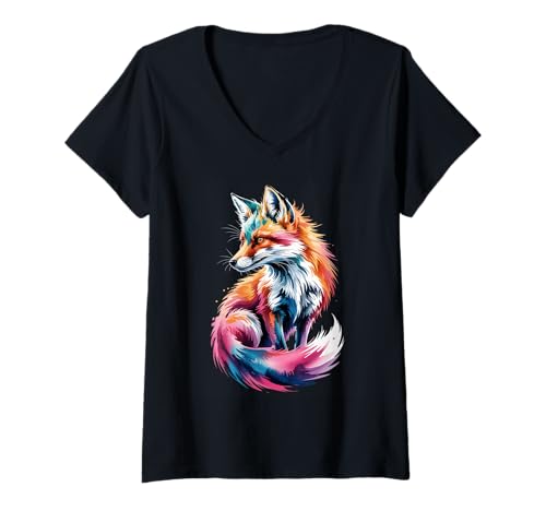 Damen Farbspritzer, Motiv: Fuchs-Poster T-Shirt mit V-Ausschnitt Damen Farbspritzer, Motiv: Fuchs-Poster T-Shirt mit V-Ausschnitt von Fox Lover Apparel & Arts