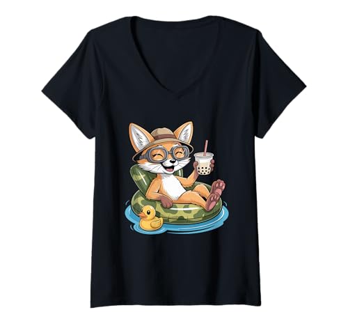 Damen Fennek Fuchs Boba Perle Milchtee T-Shirt mit V-Ausschnitt Damen Fennek Fuchs Boba Perle Milchtee T-Shirt mit V-Ausschnitt von Fox Lover Gifts