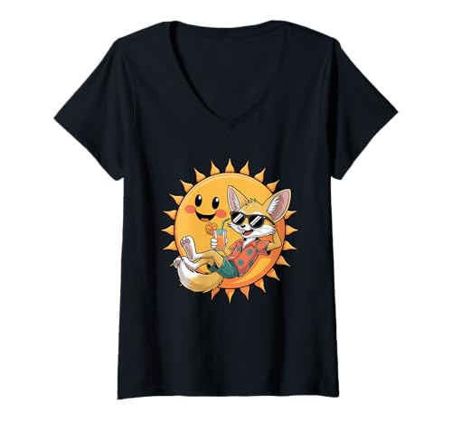 Damen Fennek Fuchs Sonnenbrille T-Shirt mit V-Ausschnitt Damen Fennek Fuchs Sonnenbrille T-Shirt mit V-Ausschnitt von Fox Lover Gifts