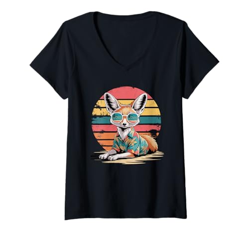 Damen Fennek Sonnenbrille Hawaiianischer Strand Sommerurlaub T-Shirt mit V-Ausschnitt von Fox Lover Gifts