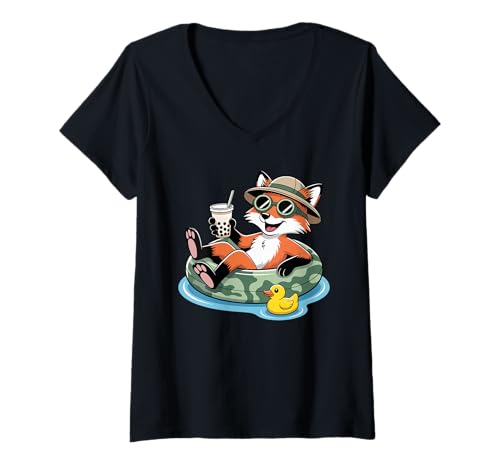 Damen Fuchs Boba Perlen Milchtee Füchse T-Shirt mit V-Ausschnitt Damen Fuchs Boba Perlen Milchtee Füchse T-Shirt mit V-Ausschnitt von Fox Lover Gifts