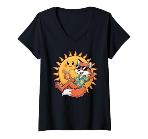 Damen Fuchs Sonnenbrille Füchse T-Shirt mit V-Ausschnitt Damen Fuchs Sonnenbrille Füchse T-Shirt mit V-Ausschnitt von Fox Lover Gifts