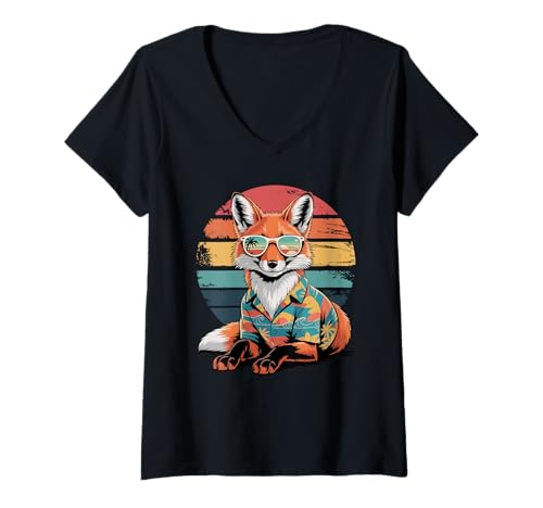 Damen Fuchs Sonnenbrille Hawaiianischer Strand Sommerurlaub Füchse T-Shirt mit V-Ausschnitt von Fox Lover Gifts