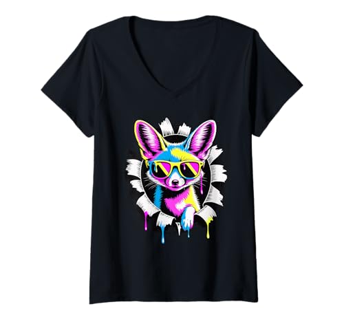 Damen Gerissener Papiereffekt Fennek Sonnenbrille T-Shirt mit V-Ausschnitt Damen Gerissener Papiereffekt Fennek Sonnenbrille T-Shirt mit V-Ausschnitt von Fox Lover Gifts
