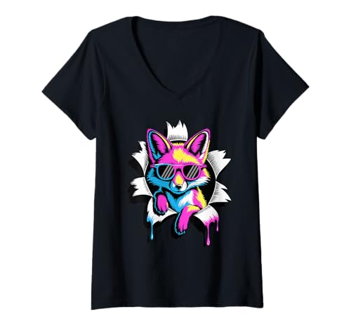 Damen Gerissener Papiereffekt Fuchs Sonnenbrille Füchse T-Shirt mit V-Ausschnitt Damen Gerissener Papiereffekt Fuchs Sonnenbrille Füchse T-Shirt mit V-Ausschnitt von Fox Lover Gifts