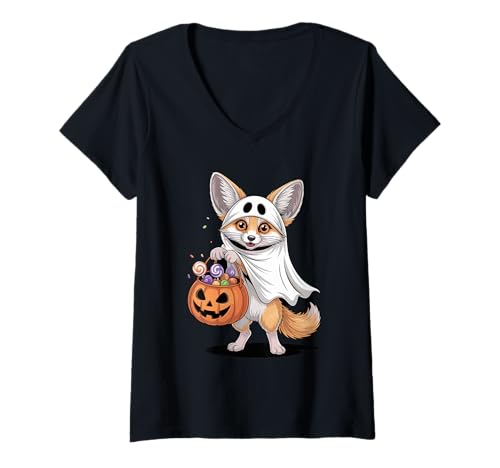Damen Halloween Fennek Fuchs Geist Kürbis Süßes Oder Saures T-Shirt mit V-Ausschnitt Damen Halloween Fennek Fuchs Geist Kürbis Süßes Oder Saures T-Shirt mit V-Ausschnitt von Fox Lover Gifts