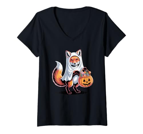Damen Halloween Fuchs Geist Kürbis Süßes Oder Saures Süßigkeiten T-Shirt mit V-Ausschnitt Damen Halloween Fuchs Geist Kürbis Süßes Oder Saures Süßigkeiten T-Shirt mit V-Ausschnitt von Fox Lover Gifts
