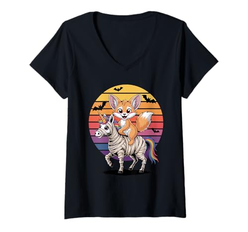 Damen Halloween Mumie Einhorn Fennek Fuchs T-Shirt mit V-Ausschnitt Damen Halloween Mumie Einhorn Fennek Fuchs T-Shirt mit V-Ausschnitt von Fox Lover Gifts