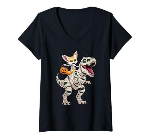 Damen Halloween T-Rex Dinosaurier Fennek Fuchs Mumie Tyrannosaurus T-Shirt mit V-Ausschnitt von Fox Lover Gifts