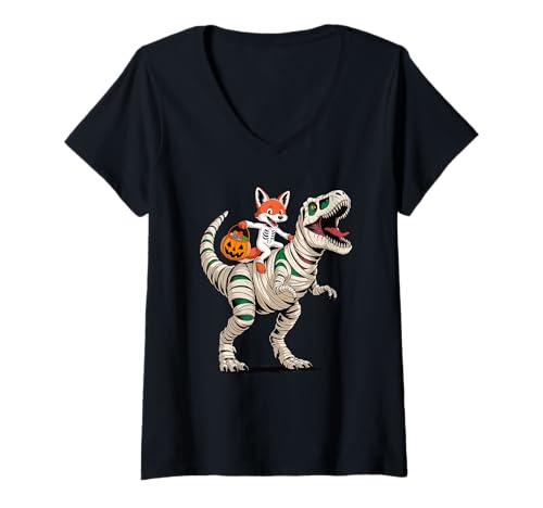 Damen Halloween T-Rex Dinosaurier Fuchs Mumie Tyrannosaurus Rex T-Shirt mit V-Ausschnitt Damen Halloween T-Rex Dinosaurier Fuchs Mumie Tyrannosaurus Rex T-Shirt mit V-Ausschnitt von Fox Lover Gifts