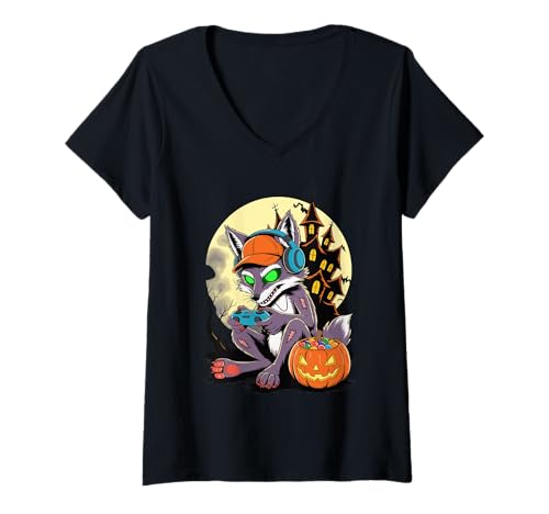 Damen Halloween Zombie Fuchs Gamer Verlassenes Schloss Gaming T-Shirt mit V-Ausschnitt Damen Halloween Zombie Fuchs Gamer Verlassenes Schloss Gaming T-Shirt mit V-Ausschnitt von Fox Lover Gifts
