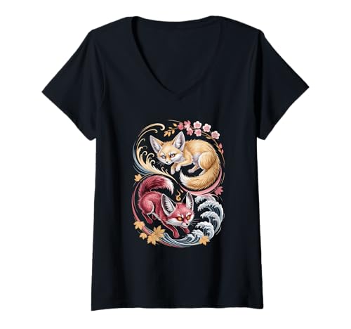 Damen Japanische Kunst Fennek Gut und Teufel T-Shirt mit V-Ausschnitt Damen Japanische Kunst Fennek Gut und Teufel T-Shirt mit V-Ausschnitt von Fox Lover Gifts