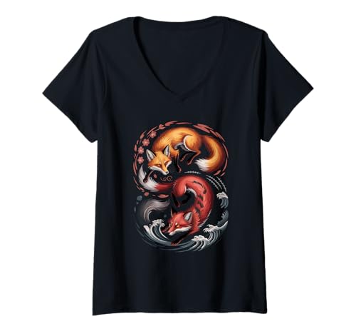 Damen Japanische Kunst Wellen Fuchs Gut Und Dämonen Füchse T-Shirt mit V-Ausschnitt Damen Japanische Kunst Wellen Fuchs Gut Und Dämonen Füchse T-Shirt mit V-Ausschnitt von Fox Lover Gifts