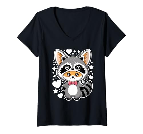Damen Kawaii Fennek Fuchs Waschbär Kostüm T-Shirt mit V-Ausschnitt Damen Kawaii Fennek Fuchs Waschbär Kostüm T-Shirt mit V-Ausschnitt von Fox Lover Gifts