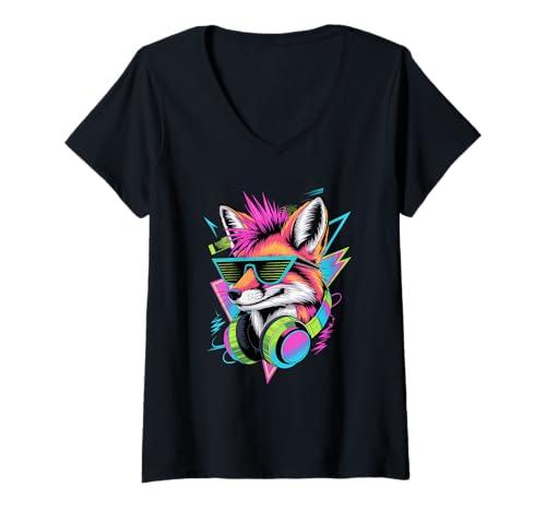 Damen Punk Ära Stil Fuchs Sonnenbrille Füchse T-Shirt mit V-Ausschnitt Damen Punk Ära Stil Fuchs Sonnenbrille Füchse T-Shirt mit V-Ausschnitt von Fox Lover Gifts