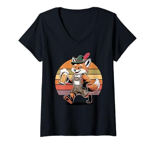 Damen Retro Fuchs Bier Trinkend Füchse T-Shirt mit V-Ausschnitt Damen Retro Fuchs Bier Trinkend Füchse T-Shirt mit V-Ausschnitt von Fox Lover Gifts