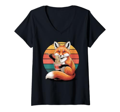 Damen Retro Fuchs Instant Becher Nudeln Füchse T-Shirt mit V-Ausschnitt Damen Retro Fuchs Instant Becher Nudeln Füchse T-Shirt mit V-Ausschnitt von Fox Lover Gifts
