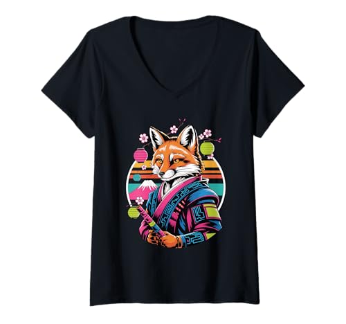 Damen Retro Samurai Fuchs Füchse T-Shirt mit V-Ausschnitt von Fox Lover Gifts