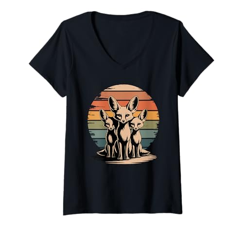 Damen Retro Silhouette Fennek Füchse Fuchs T-Shirt mit V-Ausschnitt Damen Retro Silhouette Fennek Füchse Fuchs T-Shirt mit V-Ausschnitt von Fox Lover Gifts