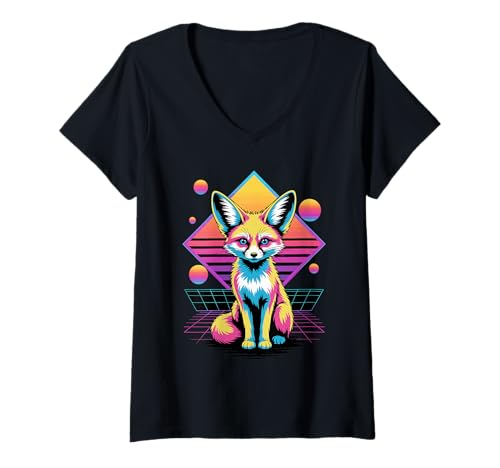 Damen Retro Synthwave Fennek Fuchs T-Shirt mit V-Ausschnitt Damen Retro Synthwave Fennek Fuchs T-Shirt mit V-Ausschnitt von Fox Lover Gifts