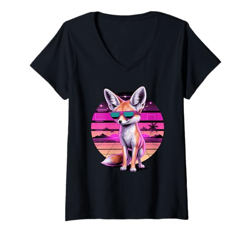Damen Retro Synthwave Fennek Sonnenbrille T-Shirt mit V-Ausschnitt Damen Retro Synthwave Fennek Sonnenbrille T-Shirt mit V-Ausschnitt von Fox Lover Gifts