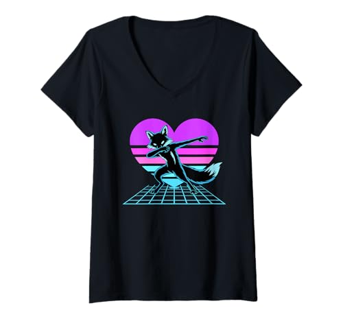 Damen Retrowave Herz Dabender Fuchs Füchse T-Shirt mit V-Ausschnitt Damen Retrowave Herz Dabender Fuchs Füchse T-Shirt mit V-Ausschnitt von Fox Lover Gifts