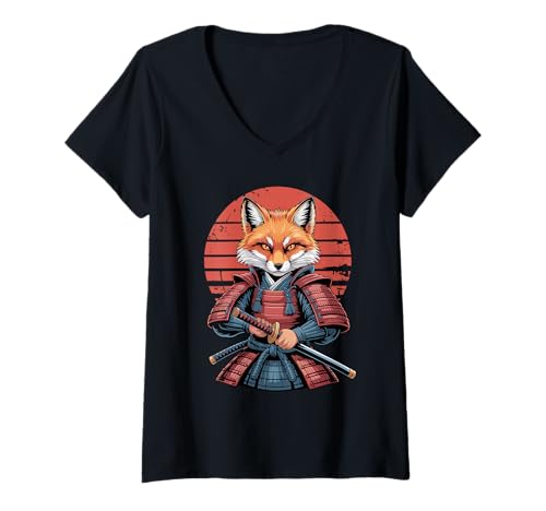 Damen Samurai Fuchs Schwert Füchse T-Shirt mit V-Ausschnitt Damen Samurai Fuchs Schwert Füchse T-Shirt mit V-Ausschnitt von Fox Lover Gifts