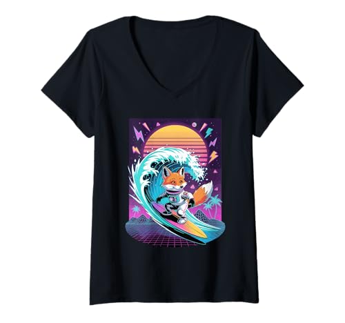 Damen Synthwave Surfer Fuchs Astronaut Füchse T-Shirt mit V-Ausschnitt Damen Synthwave Surfer Fuchs Astronaut Füchse T-Shirt mit V-Ausschnitt von Fox Lover Gifts