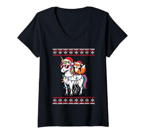Damen Weihnachten Fuchs Einhorn Sonnenbrille Füchse T-Shirt mit V-Ausschnitt Damen Weihnachten Fuchs Einhorn Sonnenbrille Füchse T-Shirt mit V-Ausschnitt von Fox Lover Gifts