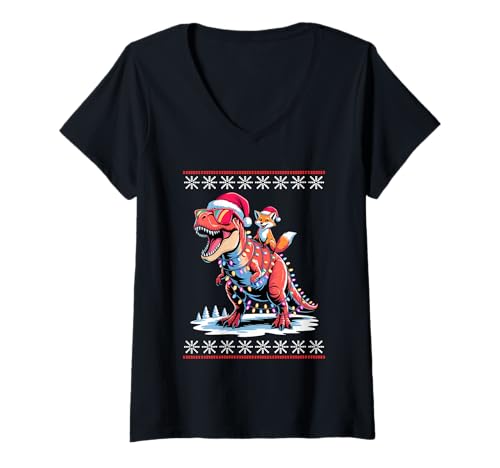 Damen Weihnachten Fuchs T-Rex Dinosaurier Tyrannosaurus Rex Füchse T-Shirt mit V-Ausschnitt Damen Weihnachten Fuchs T-Rex Dinosaurier Tyrannosaurus Rex Füchse T-Shirt mit V-Ausschnitt von Fox Lover Gifts