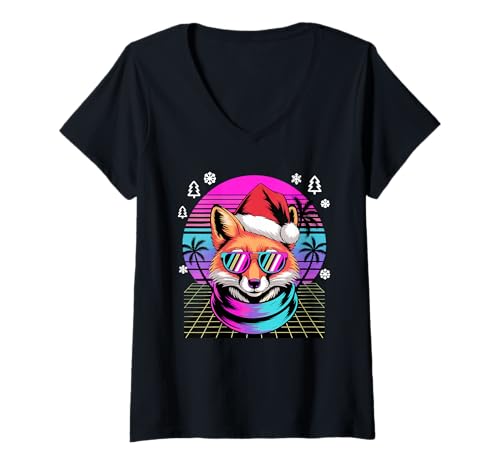 Damen Weihnachten Synthwave Fuchs Sonnenbrille Füchse T-Shirt mit V-Ausschnitt Damen Weihnachten Synthwave Fuchs Sonnenbrille Füchse T-Shirt mit V-Ausschnitt von Fox Lover Gifts